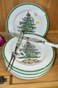 SPODE CHRISTMAS TREE CARVING SET AND TWELVE DINNER PLATES, comprising a stainless steel carving