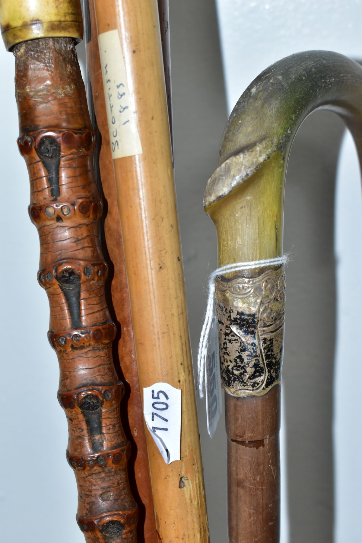 FOUR WALKING STICKS, various materials, one malacca stick, three have antler handles, one with a - Image 9 of 10