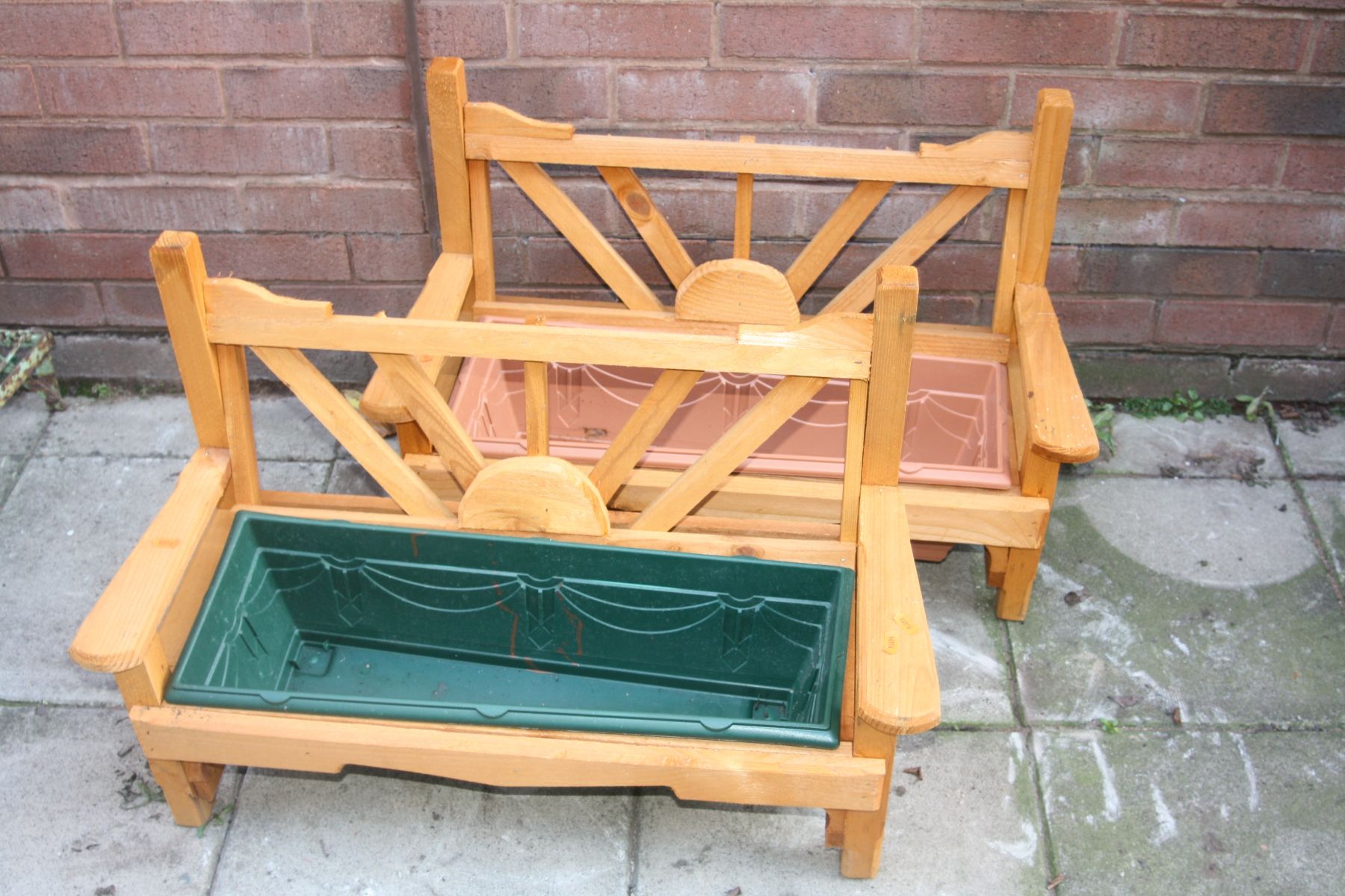 A PAIR OF WOODEN PLANTERS IN THE SHAPE OF A BENCH, width 75cm x depth 31cm x height 50cm