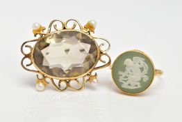 A 9CT GOLD WEDGWOOD RING AND A YELLOW METAL BROOCH, the ring of a circular design, set with a