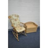 A BEECH WINDSOR ROCKING CHAIR, and a wicker window seat with a hinged storage compartment, length