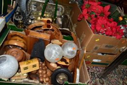 FIVE BOXES AND LOOSE METALWARES, TREEN, OIL LAMP, PICTURES AND ARTIFICIAL FLOWERS, to include wooden