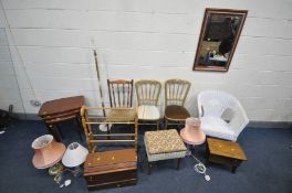 A QUANTITY OF OCCASIONAL FURNITURE, to include two banqueting chairs, Edwardian style chair, a