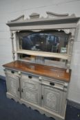 AN EDWARDIAN PARTIALLY PAINTED AND MAHOGANY MIRRORBACK SIDEBOARD, with three drawers, width 152cm