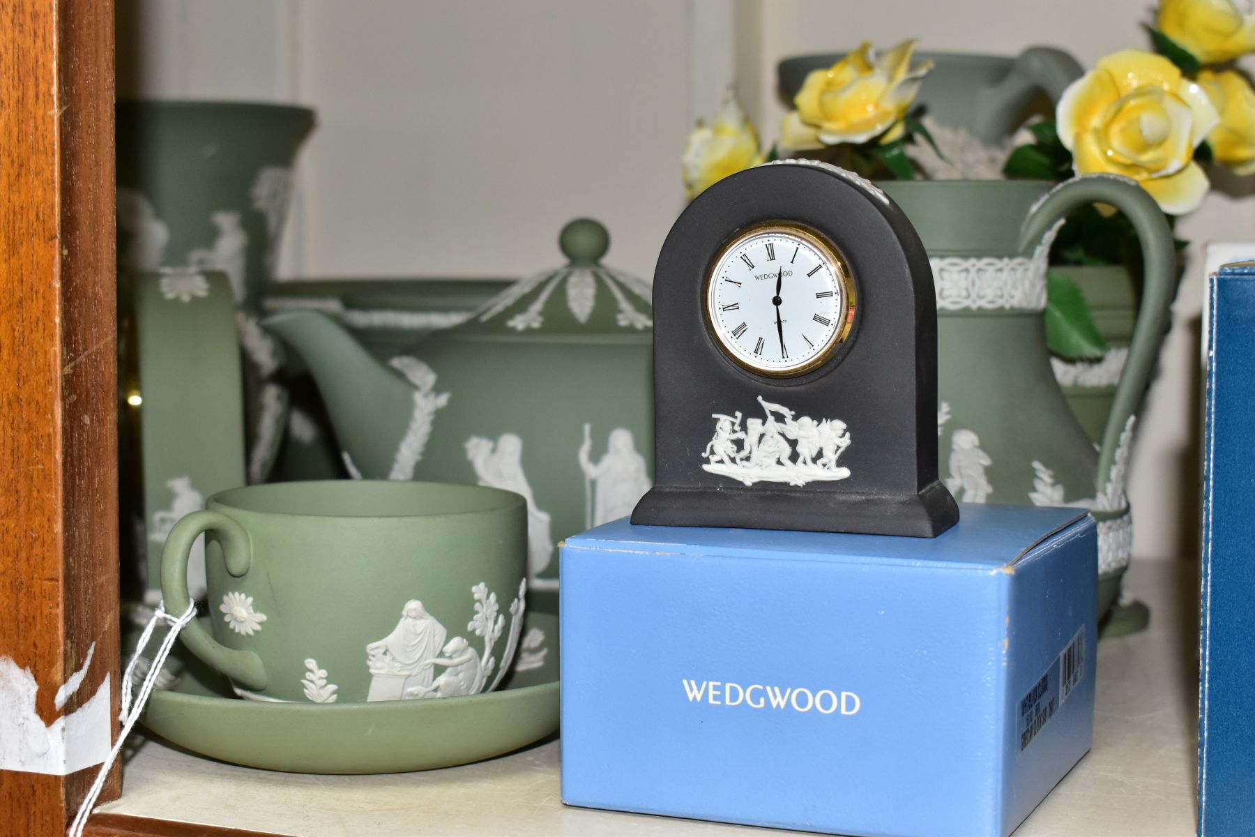 THIRTY EIGHT PIECES OF WEDGWOOD JASPERWARE, with a pale green jug with stamped mark Dudson, - Image 3 of 10