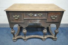 A WILLIAM AND MARY OAK LOWBOY, the later top over a base with three drawers with herringbone