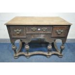 A WILLIAM AND MARY OAK LOWBOY, the later top over a base with three drawers with herringbone