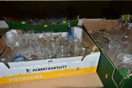 THREE BOXES OF ASSORTED GLASSWARE, including a carafe and glass, three decanters and stoppers,