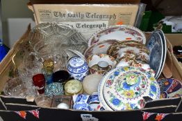 THREE BOXES OF CERAMICS, GLASS WARES, EPHEMERA, BOOKS AND SUNDRY ITEMS, to include a Mason's Regency