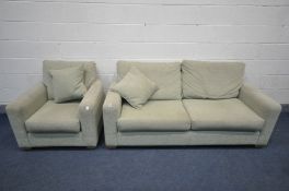 A ROGER LEWIS GREEN UPHOSTERED TWO PIECE SUITE, comprising a two seater settee, length 187cm, and an