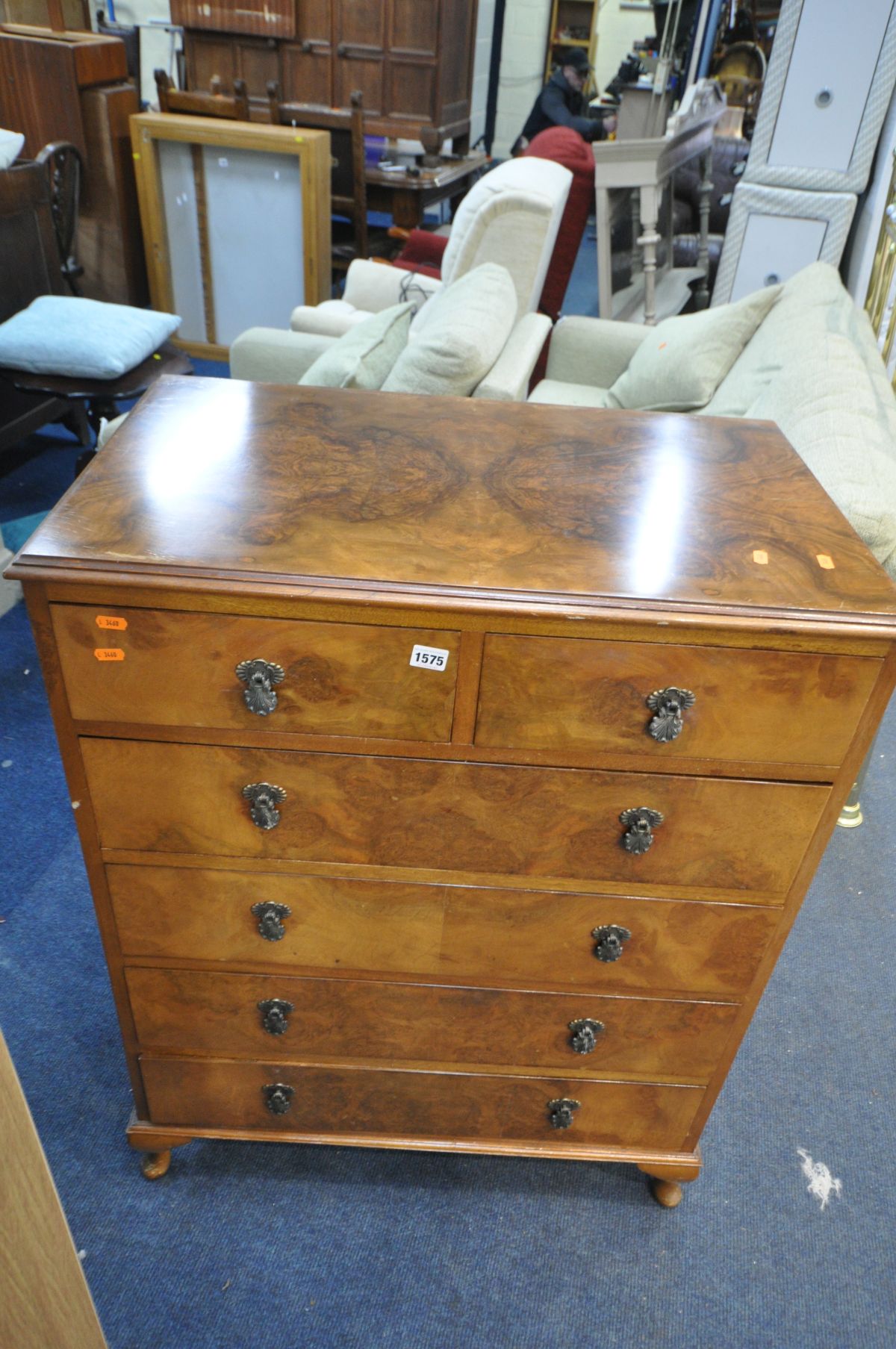 A WALNUT CHEST OF TWO SHORT OVER FOUR LONG DRAWERS, on cabriole legs, width 79cm x depth 48cm x - Image 2 of 2