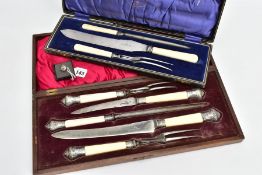 TWO CASED MEAT CARVING SETS AND A BLUE JOHN RING, two carving sets one set fitted with ivory handles
