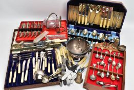 A BOX OF ASSORTED CUTLERY, to include a Walker and Hall fruit set dated 1960, a six piece fish knife