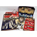 A BOX OF ASSORTED CUTLERY, to include a Walker and Hall fruit set dated 1960, a six piece fish knife