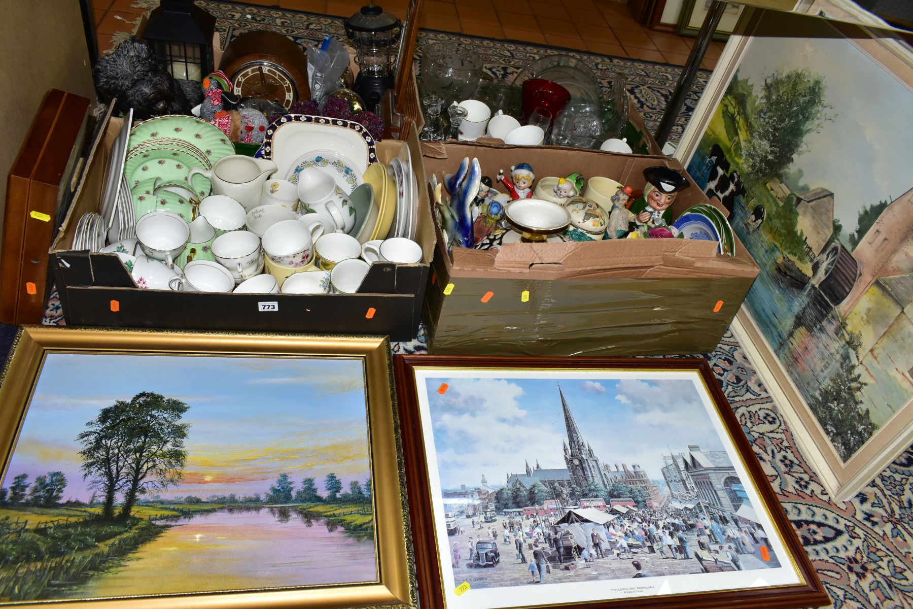 FOUR BOXES AND LOOSE CERAMICS, GLASS WARES, PICTURES AND SUNDRY ITEMS, to include an eighteen