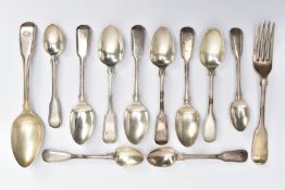 A PARCEL OF SILVER CUTLERY, to include a single Victorian fiddle pattern table fork, engraved