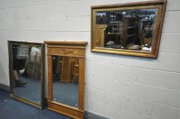 A LARGE GILT FRAMED BEVELLED EDGE WALL MIRROR, 132cm x 106cm, a pine overmantle mirror, 87cm x 137cm