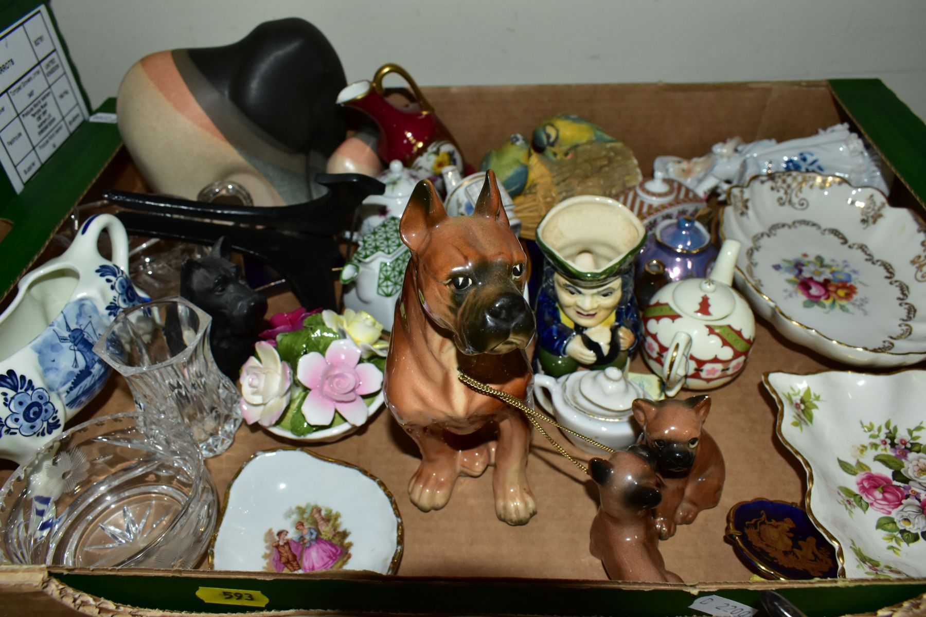 TWO BOXES OF CERAMIC ORNAMENTS ETC, to include two Lladro geese, a Crown Devon terrier height - Image 5 of 8