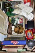 A BOX OF BOOKS, COSTUME, COLLECTABLES, CERAMICS, ETC, including three powder compacts, a bakelite