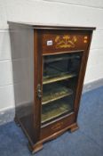 AN EDWARDIAN MAHOGANY MUSIC CABINET, with Art Nouveau, width 47cm x depth 42cm x height 90cm