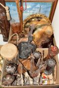 TWO BOXES AND LOOSE TREEN, FURS, MODEL SHIPS, FRAMED RODNEY CHARMAN PRINT, ETC, including a pair