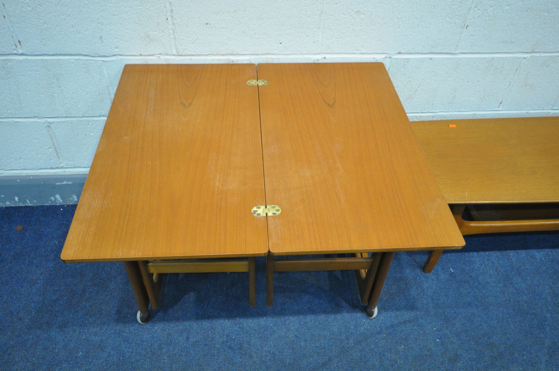 A MCINTOSH TRIFORM TEAK NESTING TABLES, with a fold over top, and two small tables, width 75cm x - Image 3 of 5