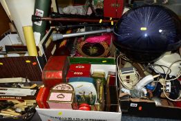 SEVEN BOXES AND LOOSE SUNDRY ITEMS ETC, to include a Galaxy fibre opticlamp (requires new bulb),