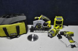 A RYOBI CIRCULAR SAW RWSL1801 (no battery or charger) along with RYOBI R18R Bluetooth radio, RYOBI