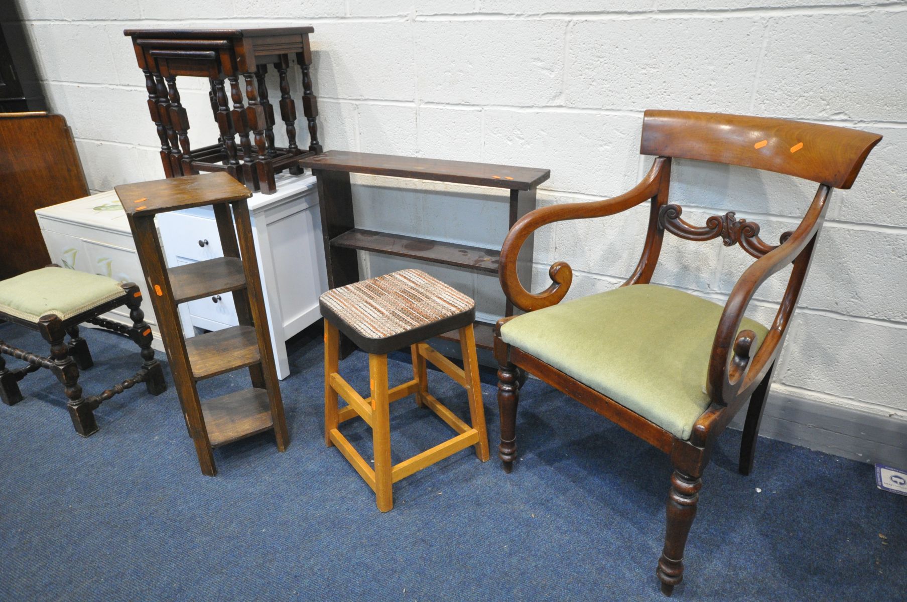 A SELECTION OF OCCASIONAL FURNITURE, to include a Georgian walnut sabre leg armchair, an oak nest of - Image 2 of 4
