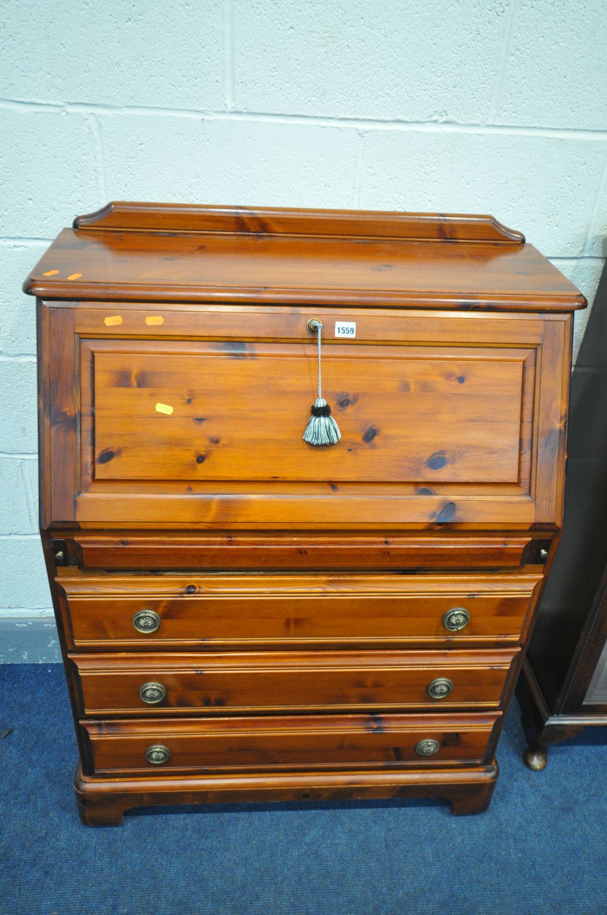 A STAINED PINE BUREAU, with a fitted interior, above a secret drawer and three drawers, width 87cm x - Image 2 of 4