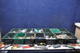 FOURTEEN LAND ROVER AND BEL STORE BINS CONTAINING TOOLS locks, Bahco Adjustable spanner, vice grips,