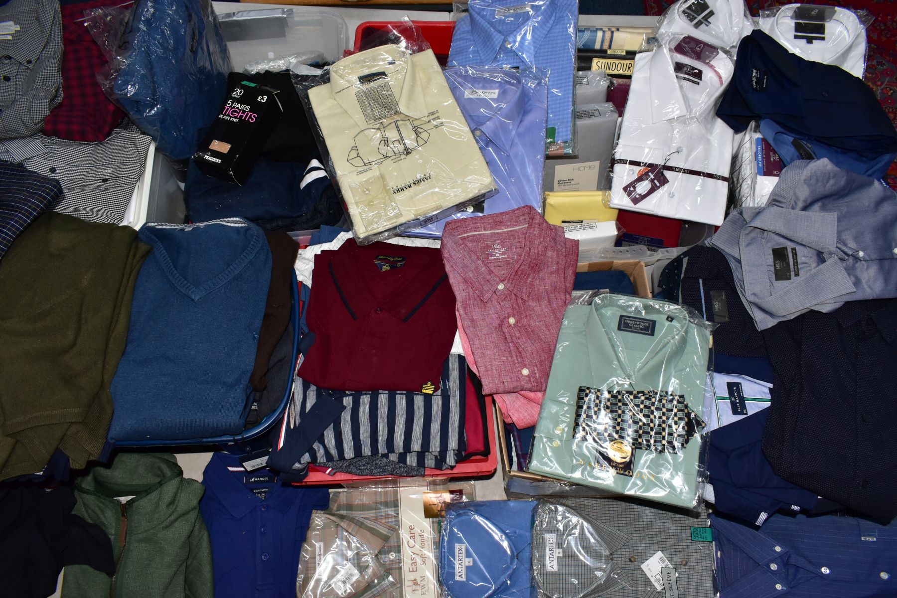 NINE BOXES OF MEN'S KNITWEAR, FORMAL SHIRTS AND T-SHIRTS WITH BEDDING ETC, to include five boxes