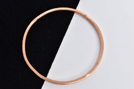 A 9CT ROSE GOLD HOLLOW BANGLE, plain polished design, hallmarked 9ct gold Birmingham, approximate