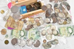 A BOX AND TRAY OF MIXED COINAGE, to include, eight Victoria crown coins 1888 to 1900, 2x 1891, 2x