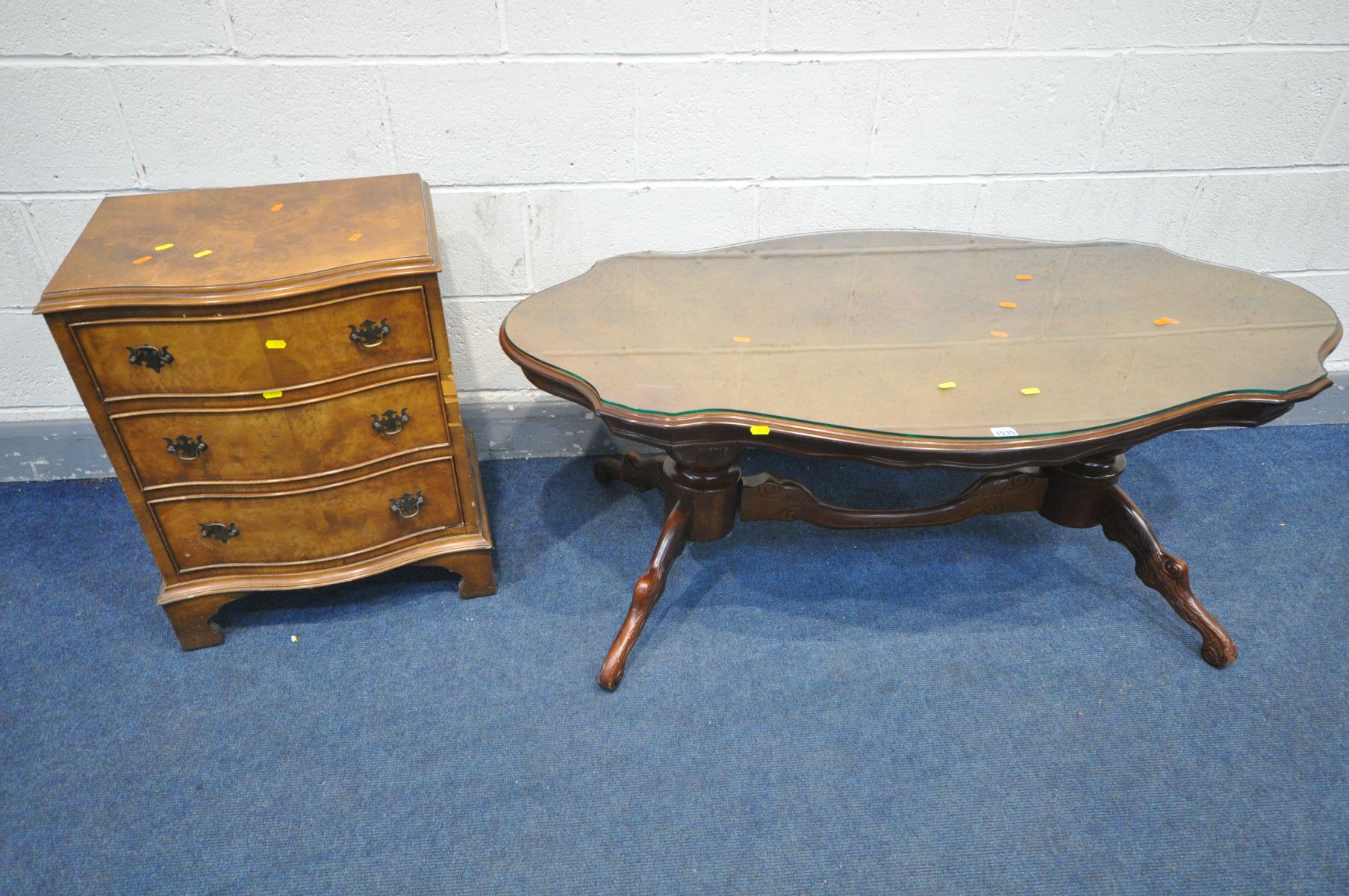 A REPRODUCTION BURR WALNUT SERPENTINE CHEST OF THREE DRAWERS, on bracket feet, width 54cm x depth