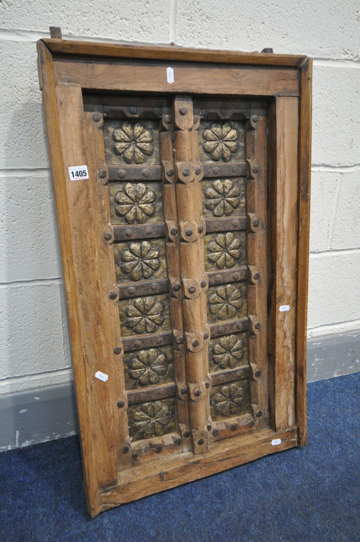A DECORATIVE HARDWOOD AND IRON BAY WINDOW with double doors, possibly Moroccan or Iranian, 51cm x