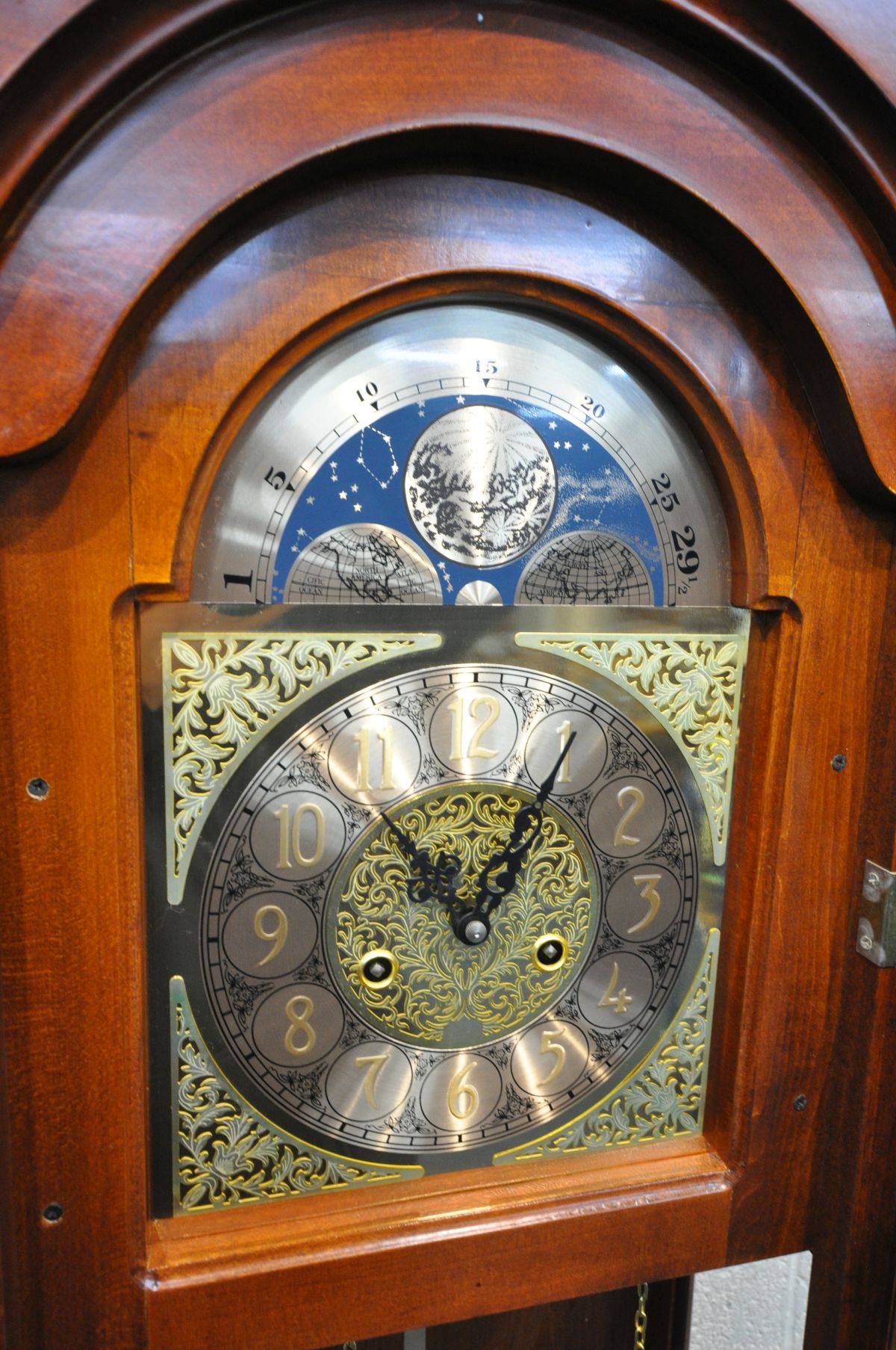 A MAHOGANY EFFECT LONGCASE CLOCK, with brassed arched dial, with two faux weights and pendulum, - Image 2 of 4