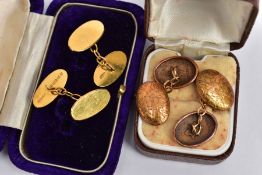 TWO PAIRS OF GOLD CUFFLINKS, to include a pair of plain polished oval cufflinks, hallmarked 9ct gold