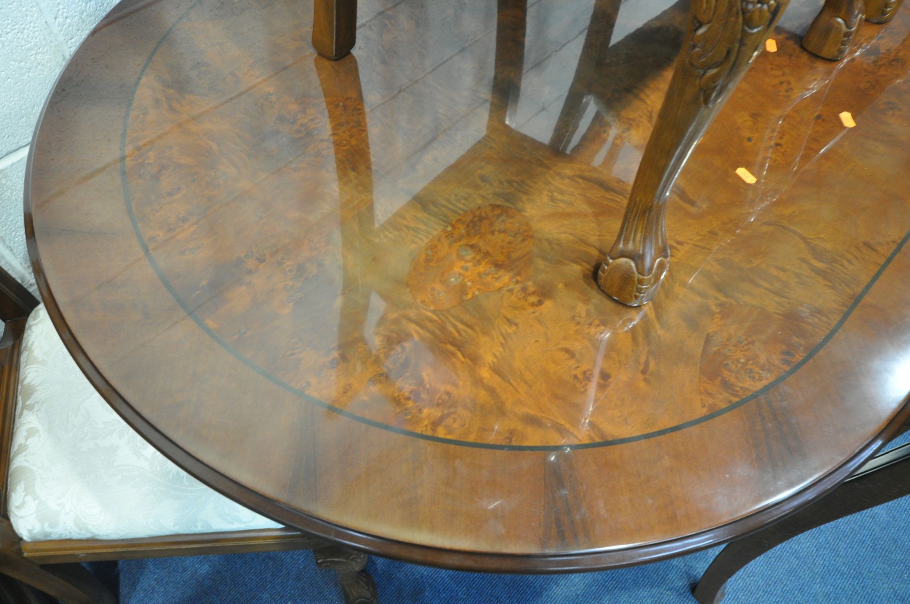 A REPRODUCTION MAHOGANY AND BURR WOOD DINING TABLE, on a twin pedestal base, all labelled Novalinea, - Image 4 of 5