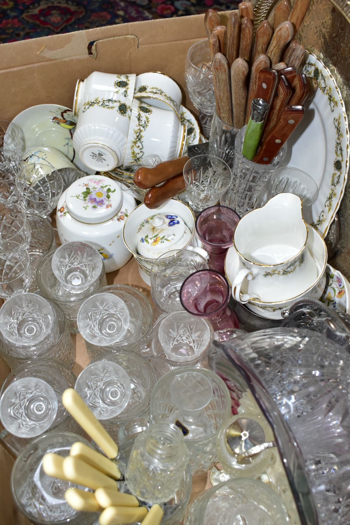 A BOX OF CERAMICS, GLASSWARE AND METALWARE, including a Royal Crown Derby 'Derby Posies' ginger - Image 3 of 4