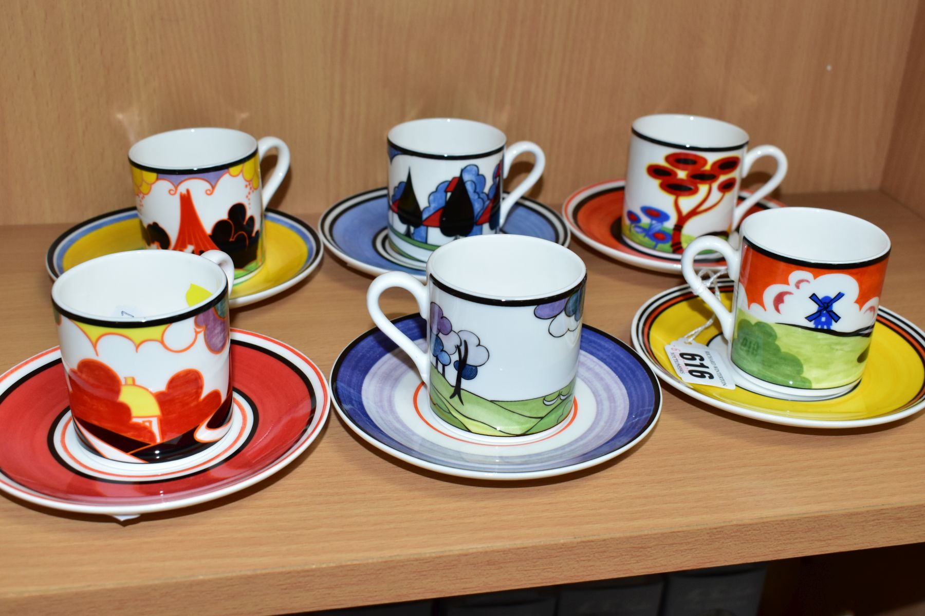 SIX WEDGWOOD / BRADFORD EXCHANGE LIMITED EDITION CLARICE CLIFF COFFEE CANS AND SAUCERS, comprising - Image 6 of 6