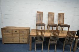 A MANGOWOOD REFECTORY TABLE, on block legs, length 200cm x depth 101cm x height 77cm, six chairs,