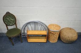 AN REPRODUCTION FRENCH CHAIR, along with two wicker linen baskets, two metal single headboards and a