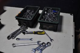 TWO TRAYS CONTAINING various spanners, sockets, ratchet spanners, by company's such as Stanley,