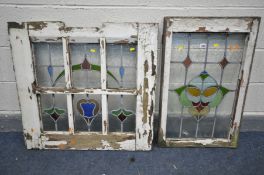 TWO LEAD GLAZED ART NOUVEAU WINDOWS, one window with six separate panels, distressed frames, 81cm