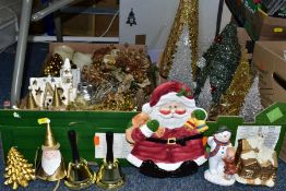 THREE BOXES OF CHRISTMAS DECORATIONS, to include a 4ft pre lit pop up Christmas tree, battery