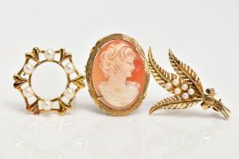 THREE 9CT GOLD BROOCHES, to include an oval cameo brooch, depicting a lady in profile, four claw set