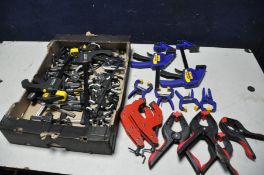 A TRAY CONTAINING A LARGE COLLECTION OF CLAMPS including spring clamps, bar clamps and quick grip