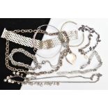 A SELECTION OF SILVER AND WHITE METAL JEWELLERY, to include a silver, wide brick link bracelet,