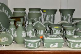 THIRTY EIGHT PIECES OF WEDGWOOD JASPERWARE, with a pale green jug with stamped mark Dudson,